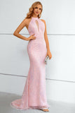 Pink Sequined Halter Neck Keyhole Backless Mermaid Ball Dress