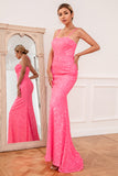 Hot Pink Sequin Spaghetti Straps Ball Dress