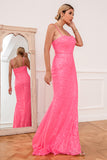 Hot Pink Sequin Spaghetti Straps Ball Dress