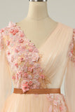 Apricot Long-Sleeved Floral V-Neck Long Ball Dress