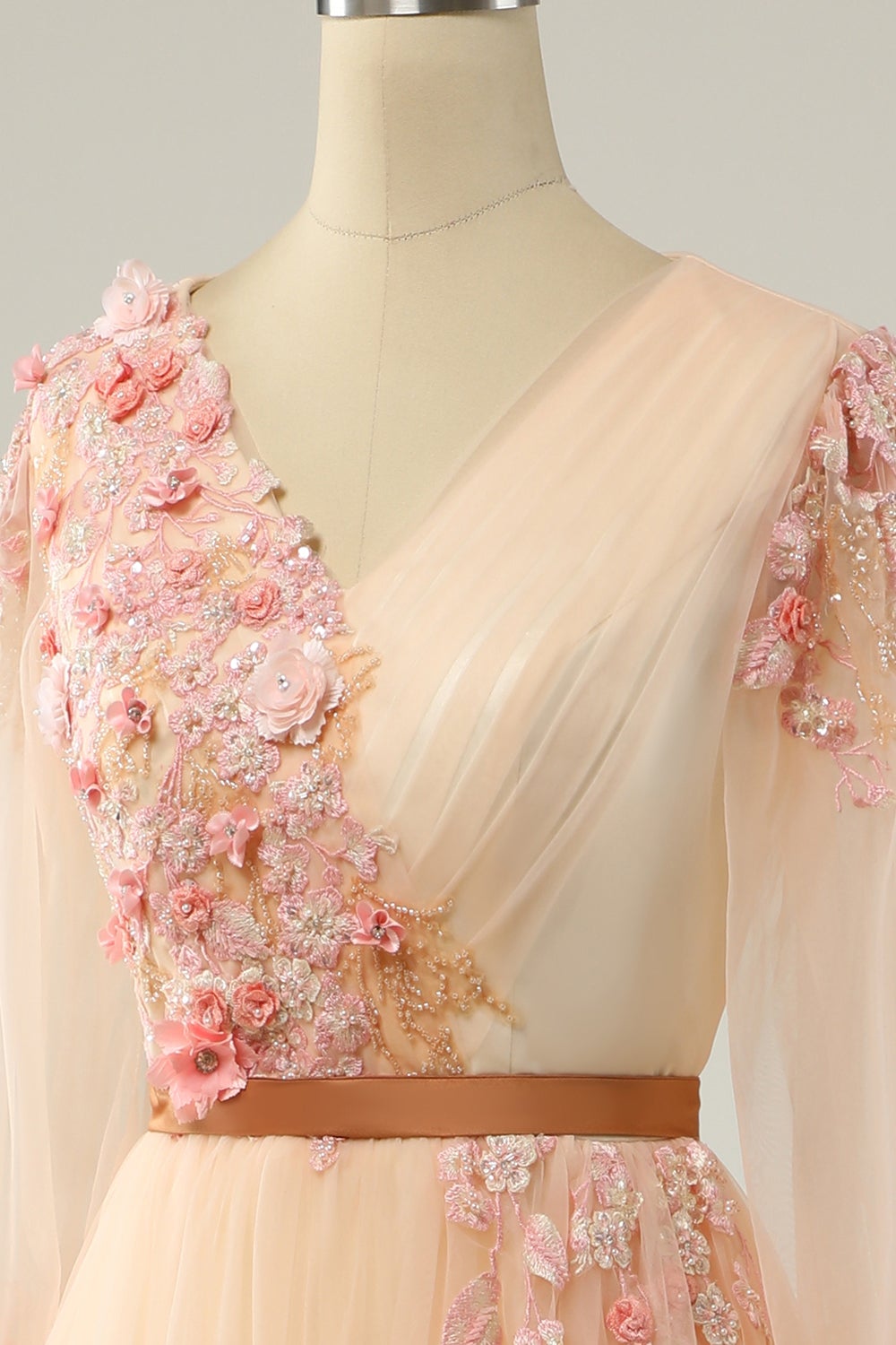 Apricot Long-Sleeved Floral V-Neck Long Ball Dress