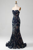 Sparkly Navy Mermaid Sequins Long Ball Prom Dress