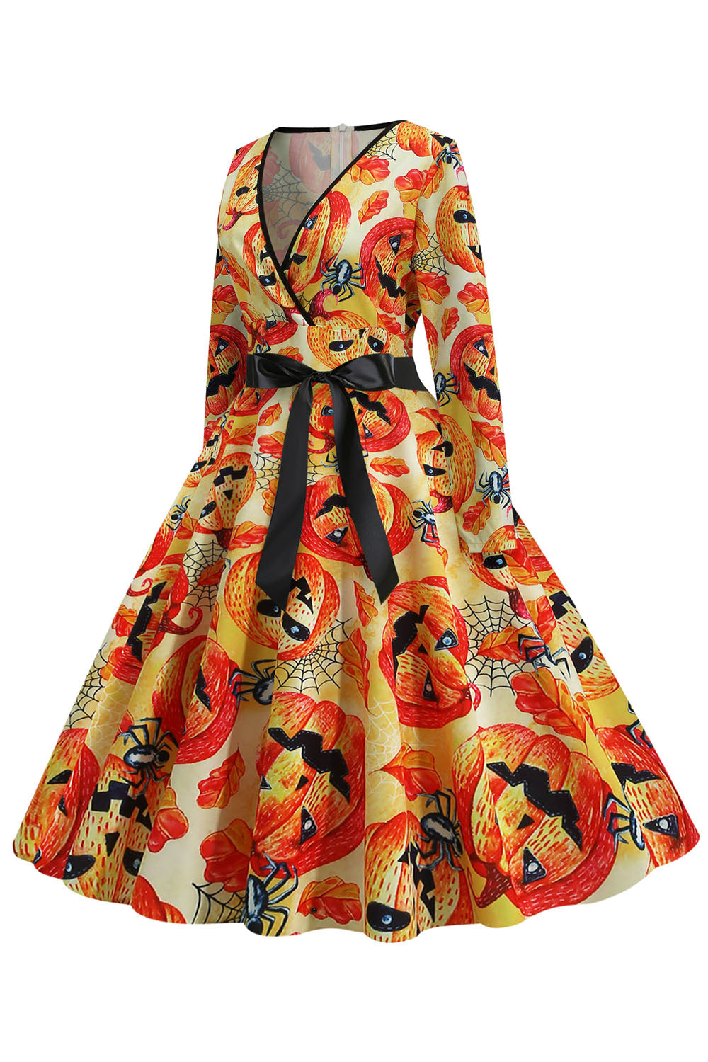 Orange Latern Printed Halloween Vintage 1950s Dress with Sleeves