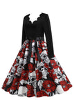 Red Halloween Skull Long Sleeves Vintage Dress