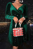V-Neck Green Velvet Christmas Dress