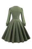 Green V-Neck Long Sleeves Vintage Swing Dress