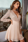 Champagne V-Neck Sequined Cocktail Party Dress