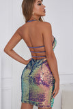 Violet Backless Bodycon Halter Cocktail Party Dress