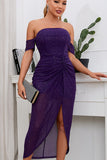 Violet Off The Shoulder Sequined Wedding Guest Dress