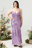 Sheath Spaghetti Straps Light Purple Sequins Plus Size Ball Dress