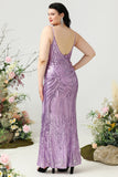 Sheath Spaghetti Straps Light Purple Sequins Plus Size Ball Dress