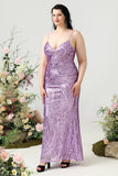 Sheath Spaghetti Straps Light Purple Sequins Plus Size Ball Dress