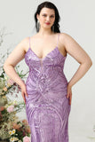 Sheath Spaghetti Straps Light Purple Sequins Plus Size Ball Dress