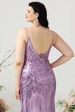 Sheath Spaghetti Straps Light Purple Sequins Plus Size Ball Dress