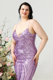 Sheath Spaghetti Straps Light Purple Sequins Plus Size Ball Dress