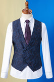 Dark Blue Peaked Lapel Printed 3-Piece Men's Suit Tuxedo