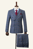 Blue Plaid Double-Breasted Peaked Lapel 2-Piece Men's Suit