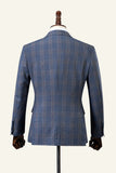 Blue Plaid Double-Breasted Peaked Lapel 2-Piece Men's Suit