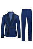 Dark Blue Jacquard Shawl Lapel 2 Piece Men Prom Suits with Belt