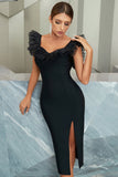 Sheath V Neck Tea Length Black Party Ball Dress