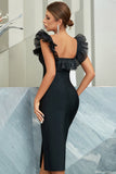 Sheath V Neck Tea Length Black Party Ball Dress