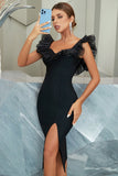 Sheath V Neck Tea Length Black Party Ball Dress