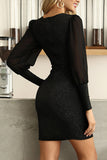 Little Black Long Sleeves Sparkly Cocktail Dress