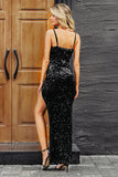 Black Sequined Spaghetti Straps Evening Dress