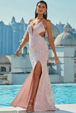 Light Pink Halter Neck Sequined Mermaid Ball Dress