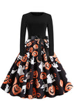 Black Pumpkin Lantern Printed Vintage Halloween Dress