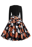 Black Pumpkin Lantern Printed Vintage Halloween Dress