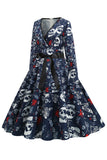 V Neck Skull Printed Navy Halloween Vintage Dress