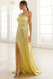 Light Yellow One Shoulder Sequined Prom Dress With Slit