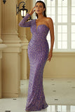 Purple One Shoulder Mermaid Sequined Evening Dress