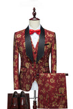 Red Jacquard Shawl Lapel 3 Pieces Men's Suits