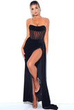 Black Strapless Velvet Ball Dress with Slit