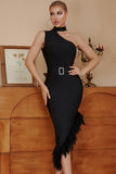 Black Asymmetrical Black Holiday Party Dress with Feathers