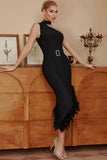 Black Asymmetrical Black Holiday Party Dress with Feathers