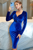 Royal Blue Velvet Bodycon Party Dress with Long Sleeves