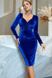 Royal Blue Velvet Bodycon Party Dress with Long Sleeves