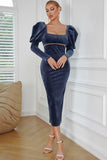 Sheath Square Neck Navy Velvet Holiday Party Dress