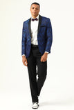 One Button Blue Shawl Lapel Jacquard Men's Ball Blazer