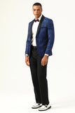 One Button Blue Shawl Lapel Jacquard Men's Ball Blazer