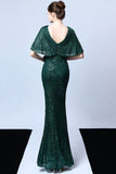Mermaid V Neck Dark Green Sequins Long Ball Dress with Short Sleeves