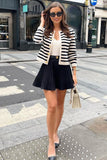 Black and White Striped Knitted Women Coat