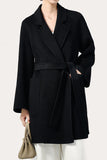 Notched Lapel Black Midi Women Wool Coat with Belt