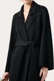 Notched Lapel Black Midi Women Wool Coat with Belt