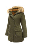 Army Green Fur Collar Drawstring Waist Thickened Mid Coat