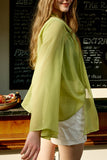 Olive Green Batwing Sleeves Women Silk Blouse