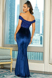 Royal Blue Off the Shoulder Sequin Sheath Long Ball Dress